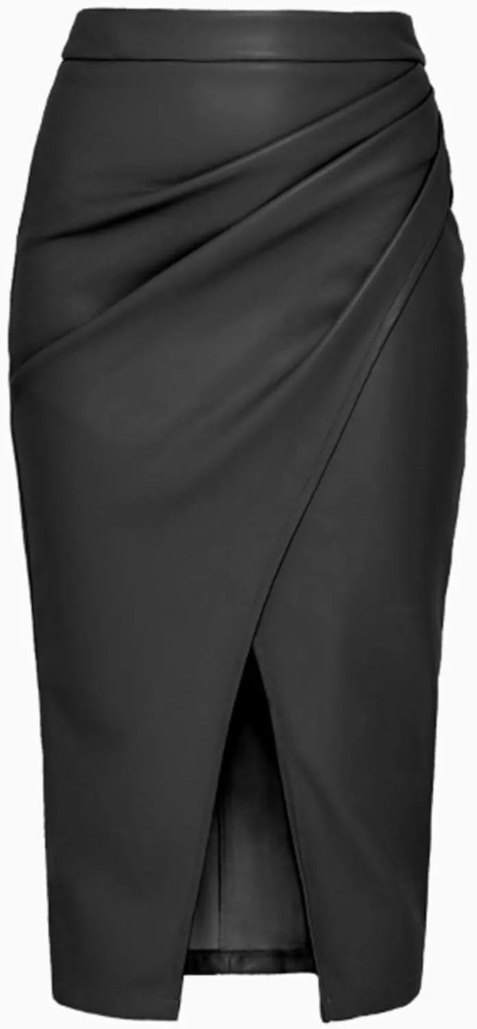Womens Casual Leather Pencil Midi Skirt Trendy High Waisted Bodycon Pleated Front Split Skirt