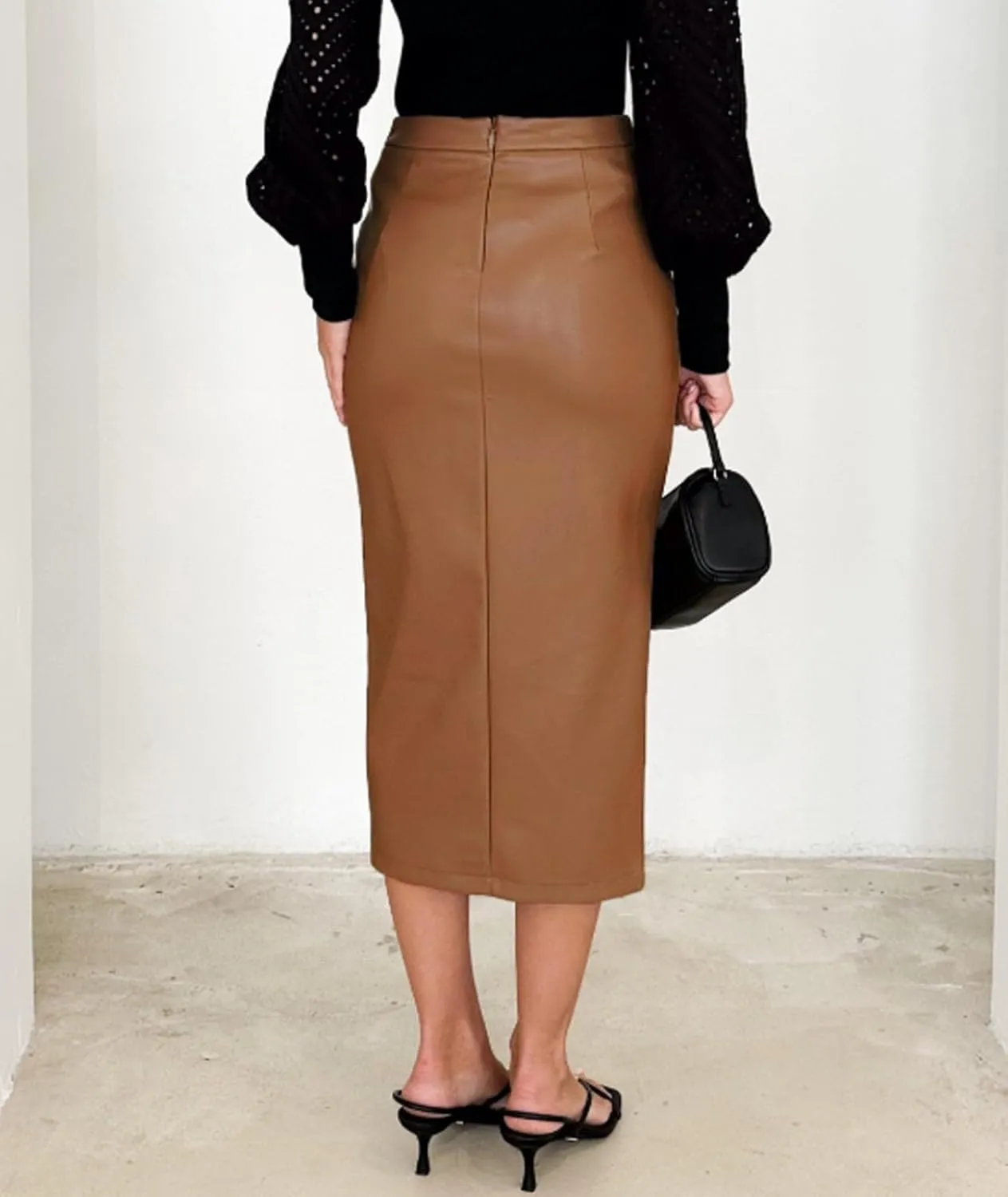 Womens Casual Leather Pencil Midi Skirt Trendy High Waisted Bodycon Pleated Front Split Skirt