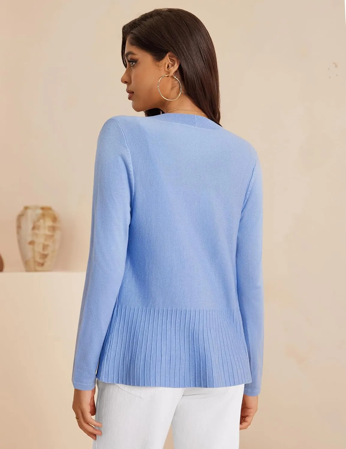 Women's Casual Open Front Sweater Long Sleeve Rib Knit Draped Cardigan