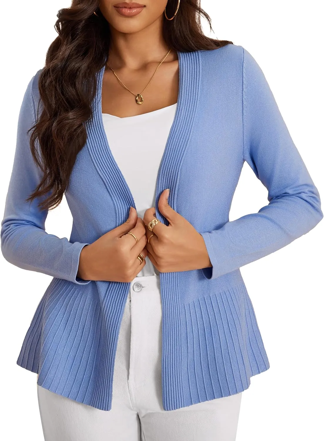 Women's Casual Open Front Sweater Long Sleeve Rib Knit Draped Cardigan