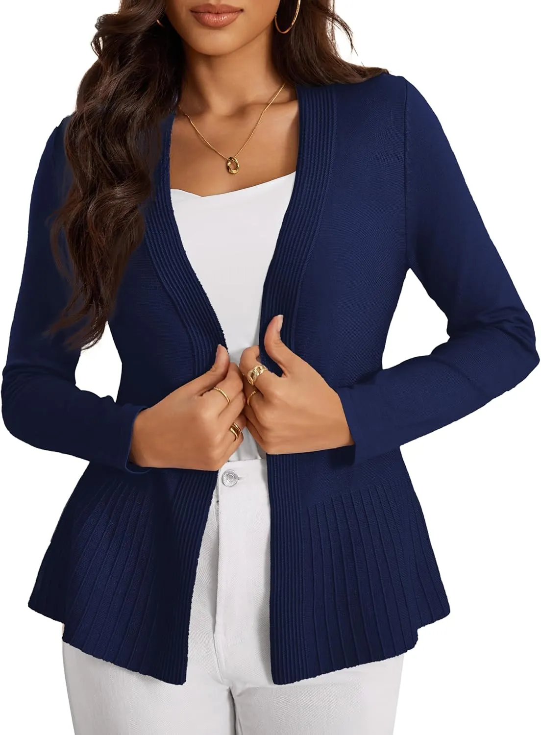 Women's Casual Open Front Sweater Long Sleeve Rib Knit Draped Cardigan