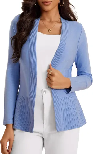 Women's Casual Open Front Sweater Long Sleeve Rib Knit Draped Cardigan