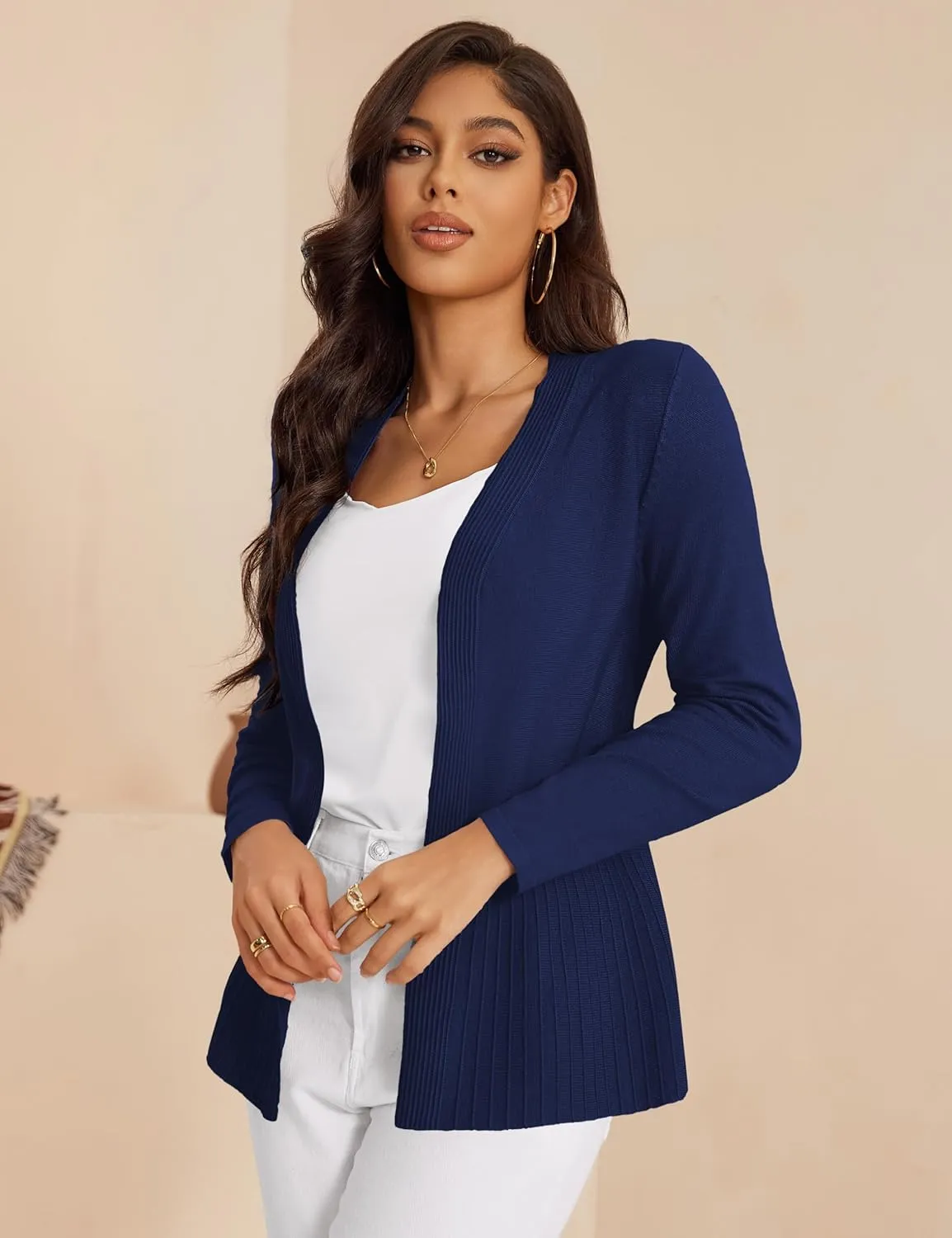 Women's Casual Open Front Sweater Long Sleeve Rib Knit Draped Cardigan