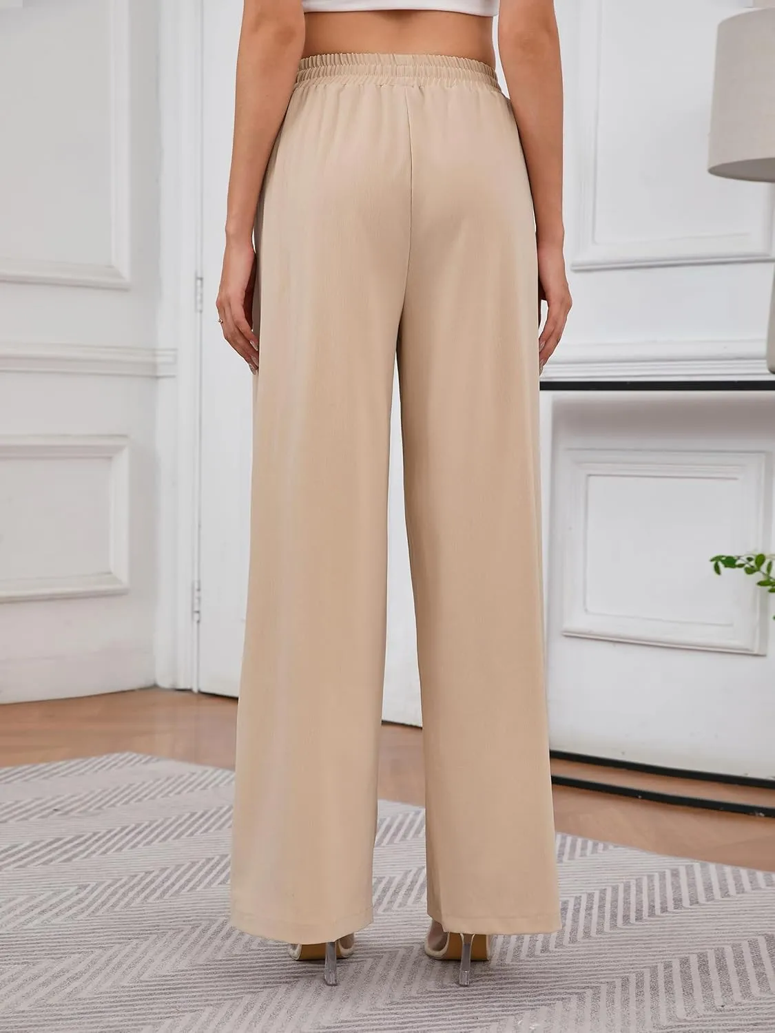 Women's Casual Pants Elastic Waisted Summer Business Wrinkle Free High Waisted Office with Pockets Palazzo Pants