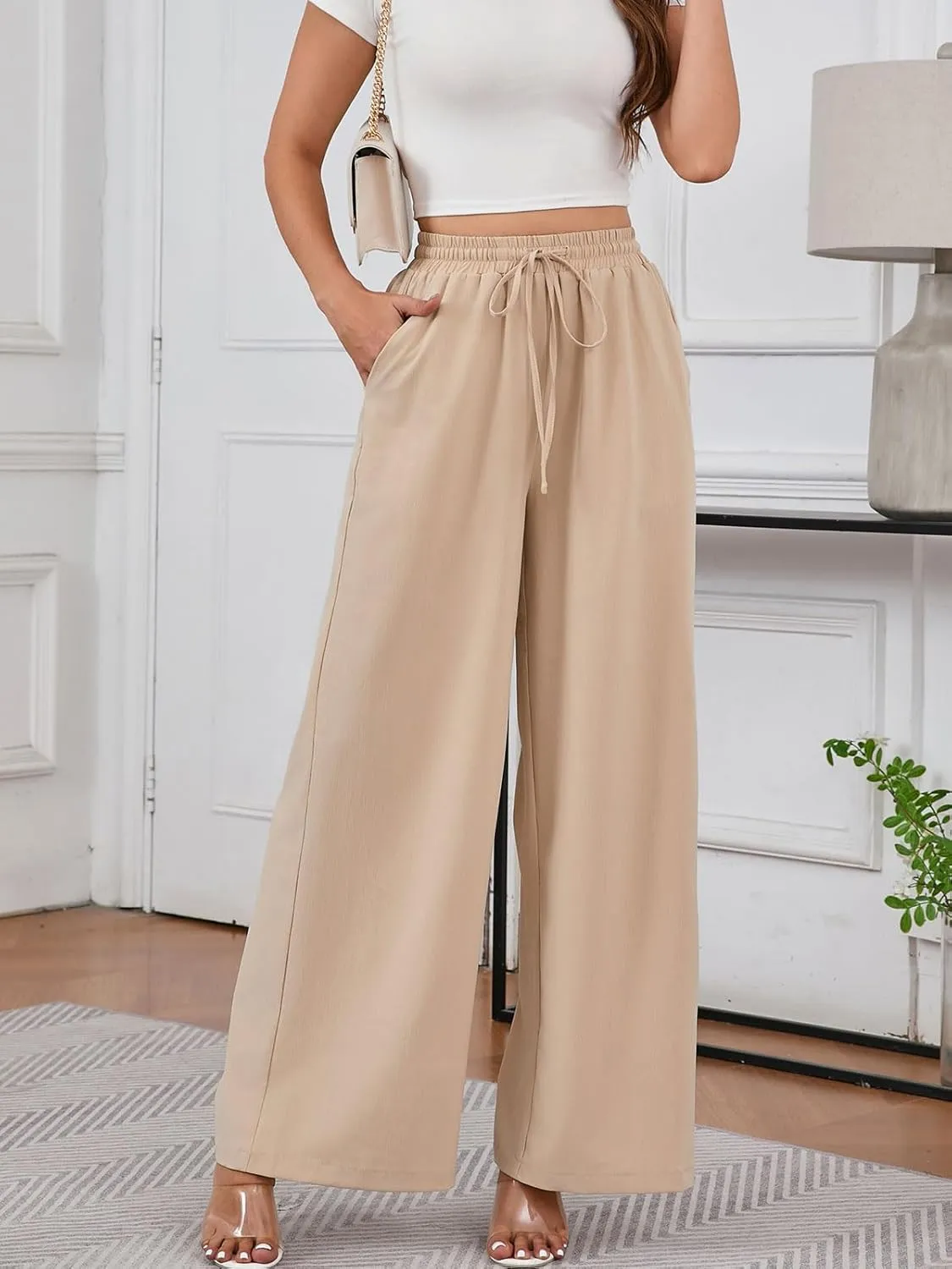 Women's Casual Pants Elastic Waisted Summer Business Wrinkle Free High Waisted Office with Pockets Palazzo Pants