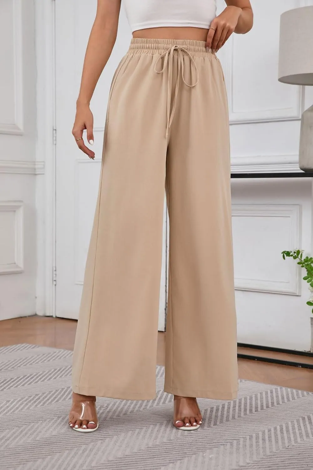 Women's Casual Pants Elastic Waisted Summer Business Wrinkle Free High Waisted Office with Pockets Palazzo Pants