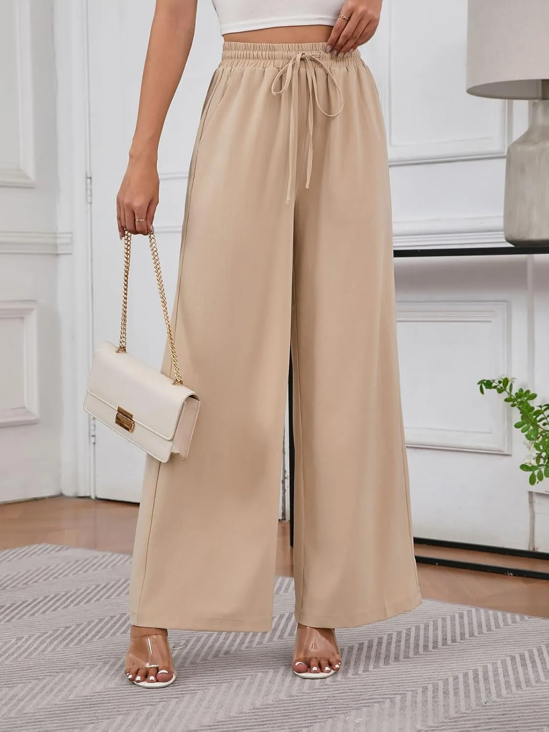 Women's Casual Pants Elastic Waisted Summer Business Wrinkle Free High Waisted Office with Pockets Palazzo Pants