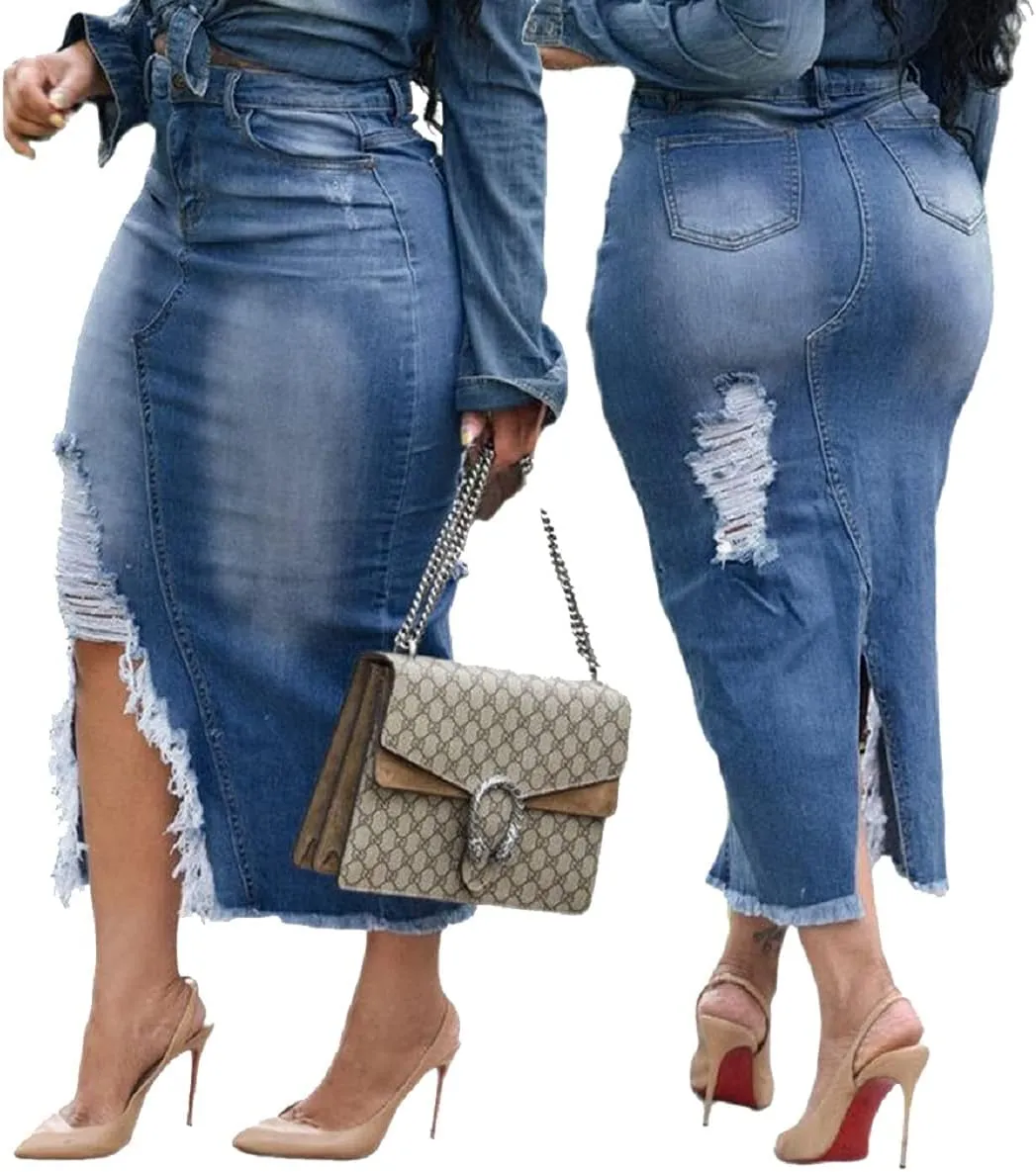 Womens Casual Slit Denim Midi Jean Skirt Stretch High Waist Frayed Button Up with Pockets