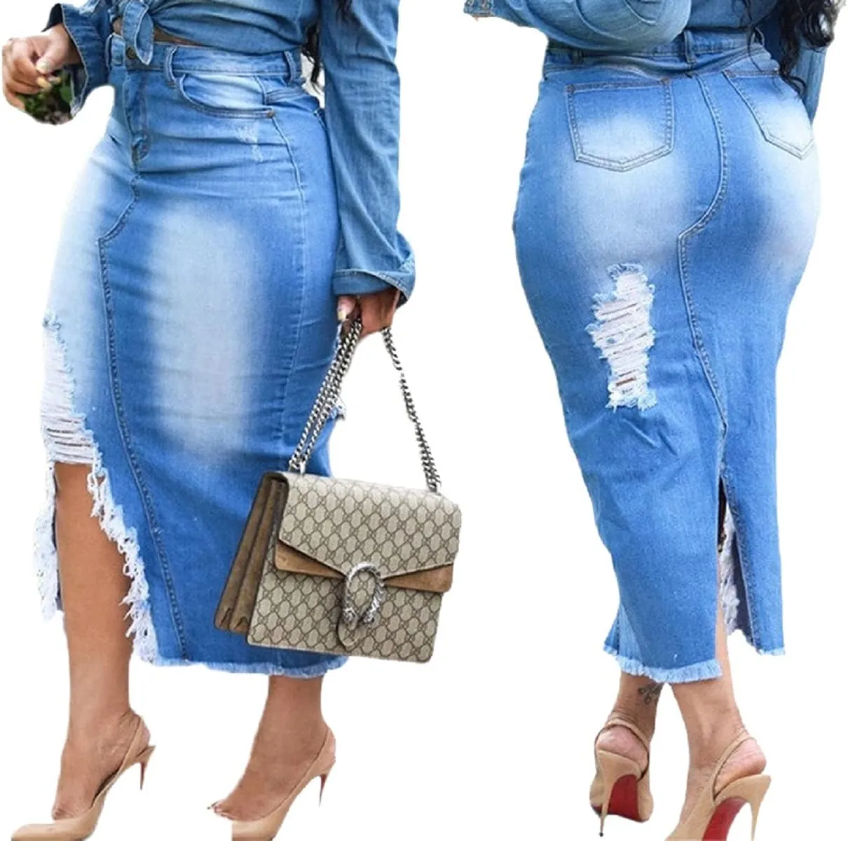Womens Casual Slit Denim Midi Jean Skirt Stretch High Waist Frayed Button Up with Pockets