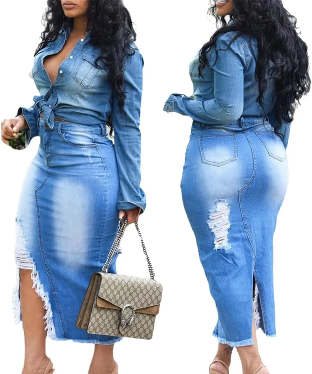 Women's Casual Slit Denim Midi Jean Skirt Stretch High Waisted Button Up Frayed with Pockets