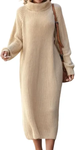 Women's Casual Winter Dress - Trendy Long Sleeve Turtle Neck Knit Maxi Christmas Dress - Warm Plus Size