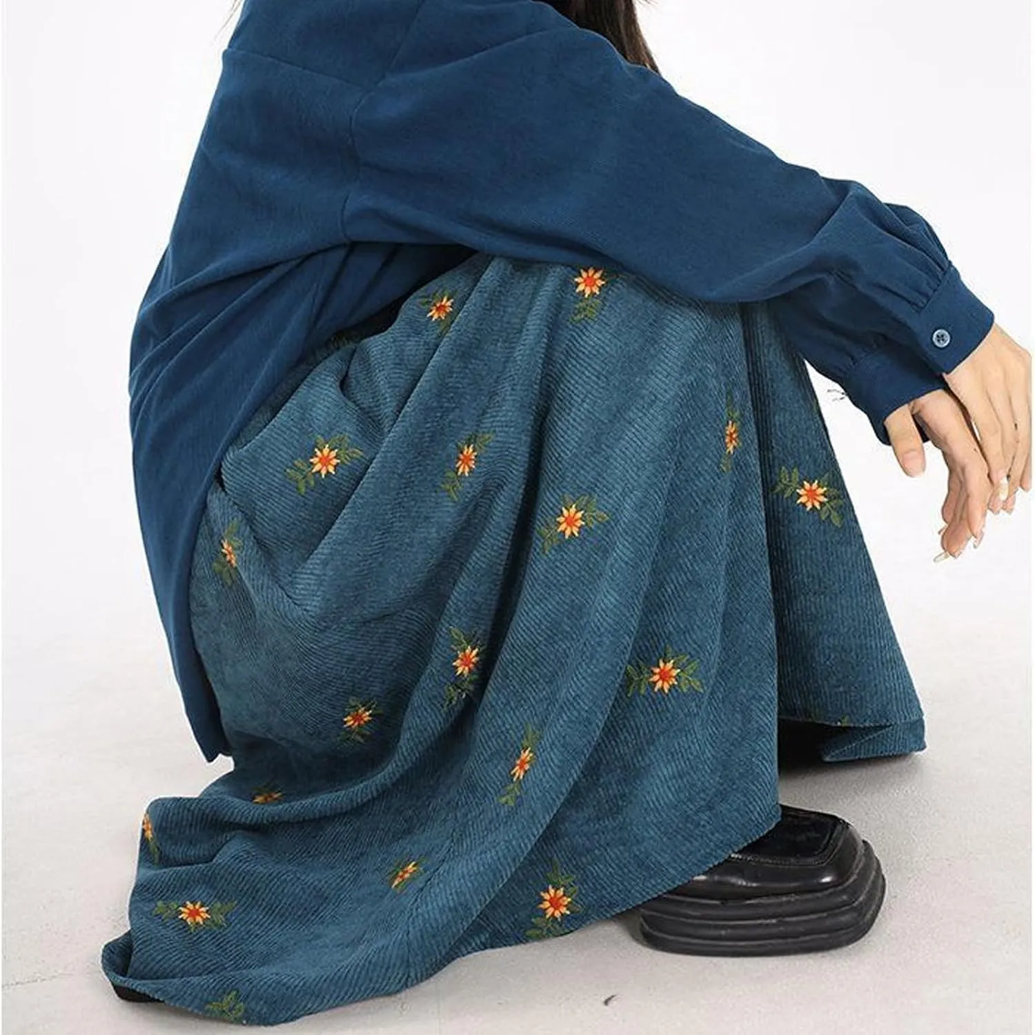 Womens Corduroy Floral Embroidery Long Skirts,A-Line Midi Long Corduroy SkirtNo Pockets