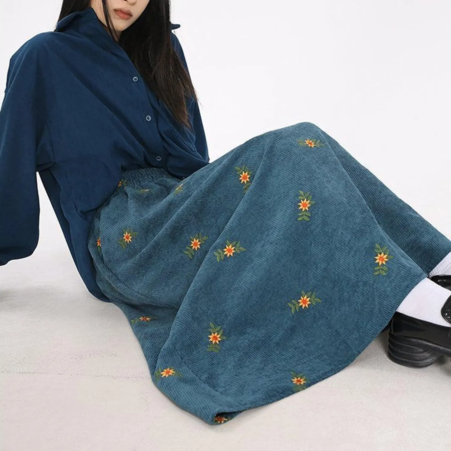 Womens Corduroy Floral Embroidery Long Skirts,A-Line Midi Long Corduroy SkirtNo Pockets