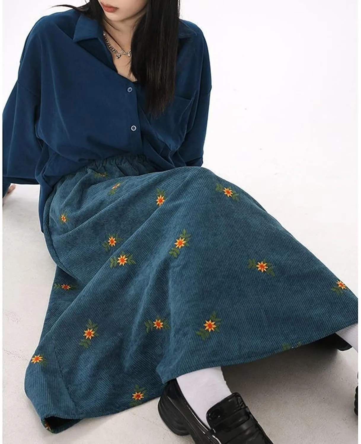 Womens Corduroy Floral Embroidery Long Skirts,A-Line Midi Long Corduroy SkirtNo Pockets