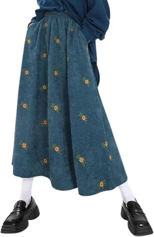 Womens Corduroy Floral Embroidery Long Skirts,A-Line Midi Long Corduroy SkirtNo Pockets