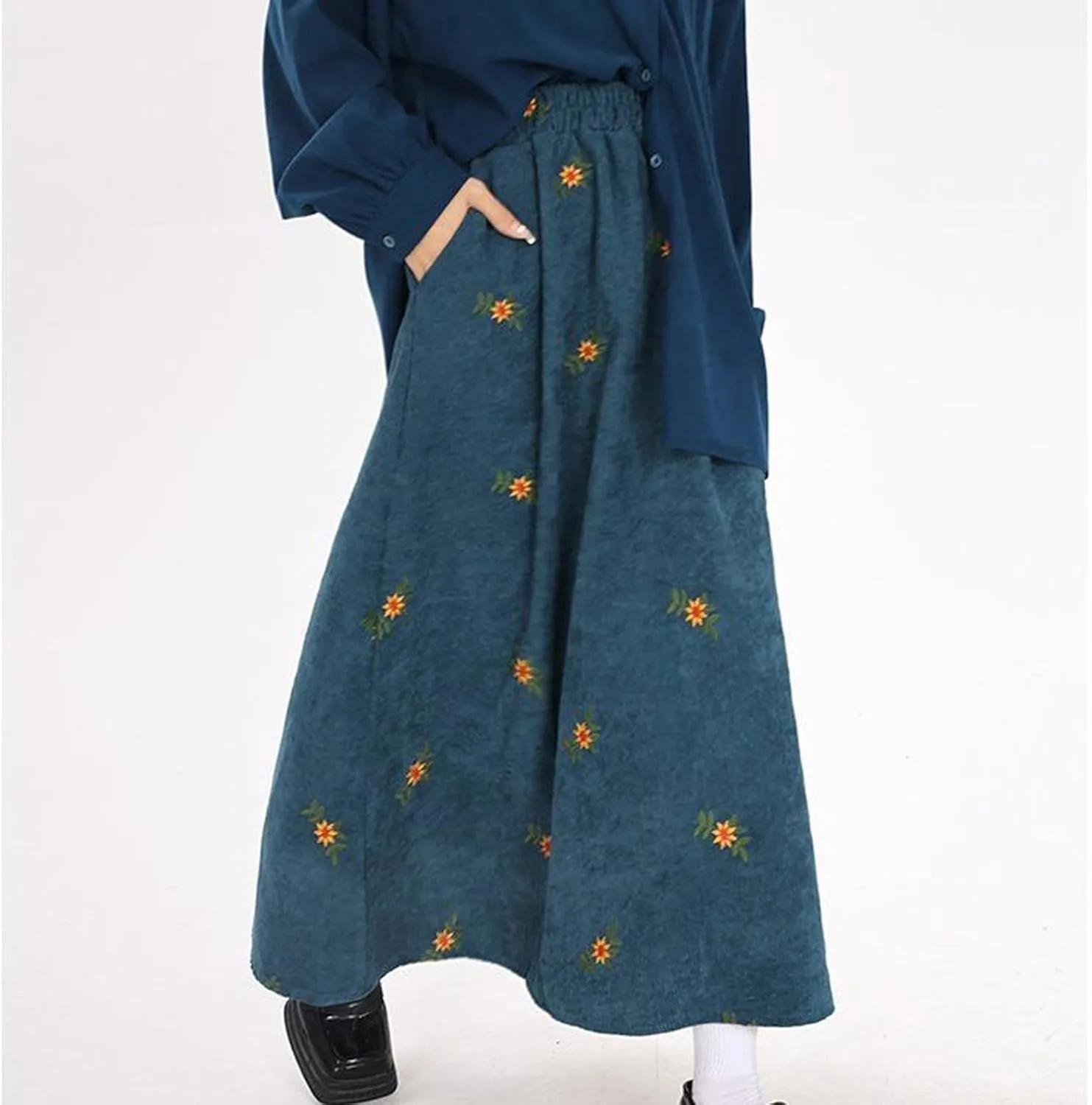 Womens Corduroy Floral Embroidery Long Skirts,A-Line Midi Long Corduroy SkirtNo Pockets