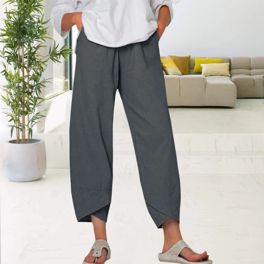 Womens Cotton Linen Capri Pants Boho Wide Leg Loose Palazzo Cropped Pants Summer Casual Baggy Trousers with Pockets