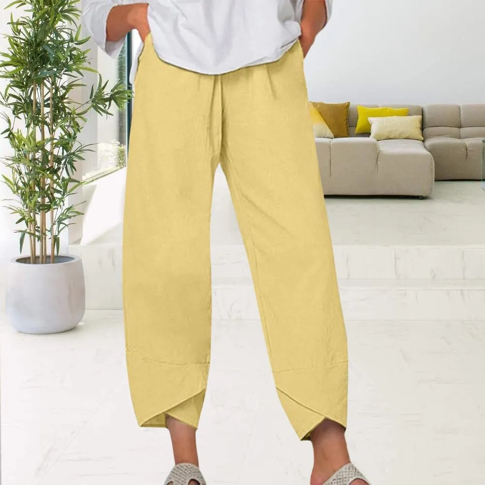Womens Cotton Linen Capri Pants Boho Wide Leg Loose Palazzo Cropped Pants Summer Casual Baggy Trousers with Pockets