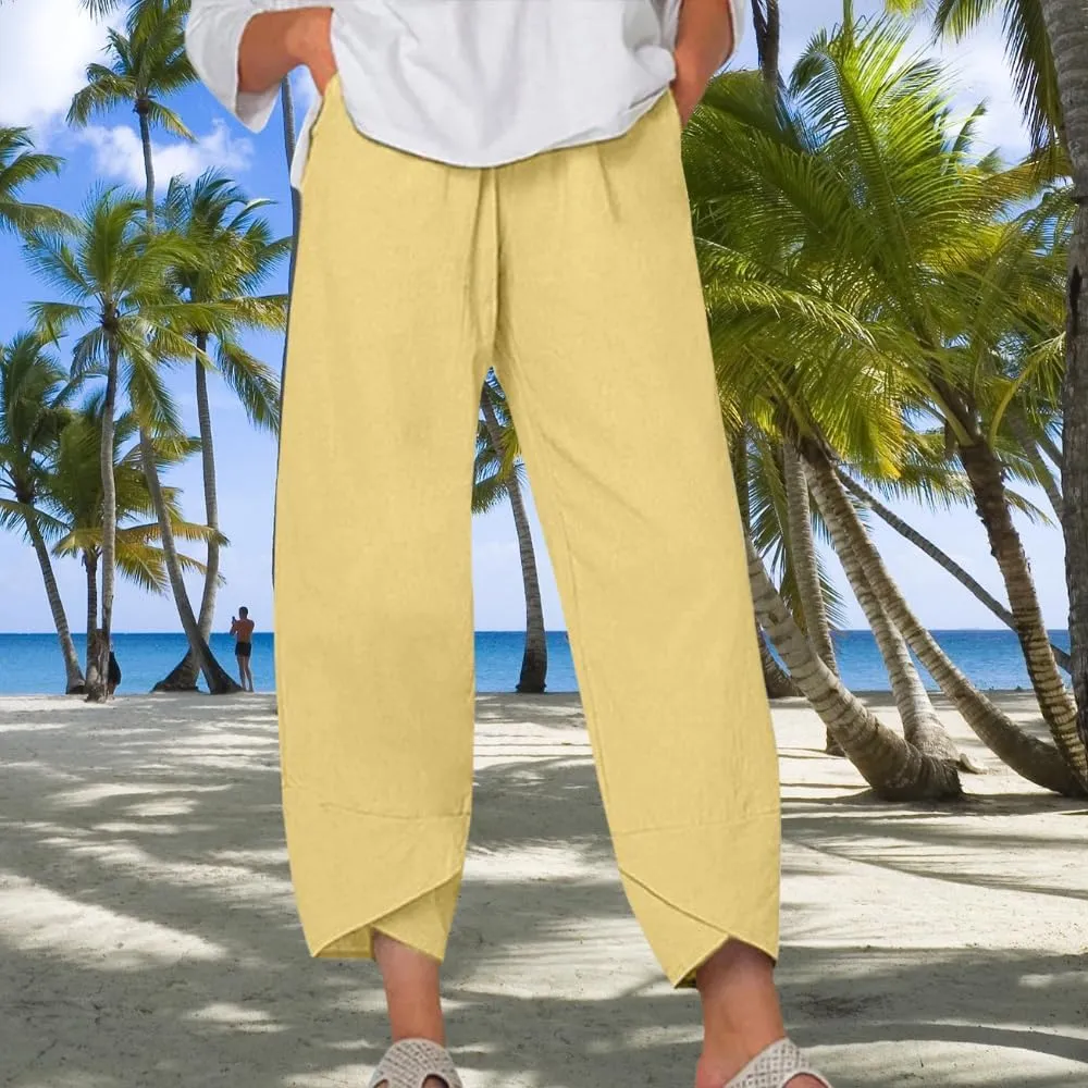 Womens Cotton Linen Capri Pants Boho Wide Leg Loose Palazzo Cropped Pants Summer Casual Baggy Trousers with Pockets