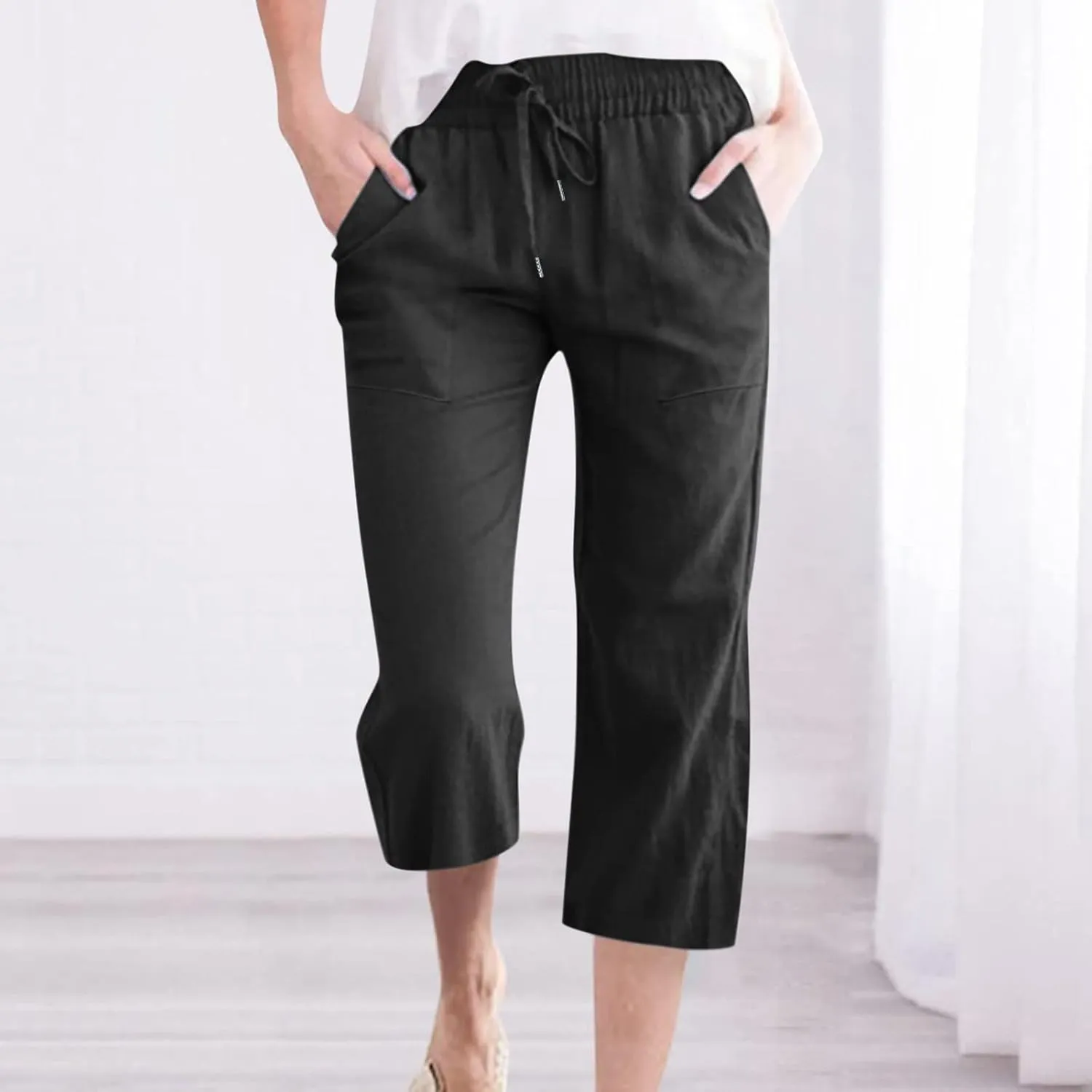 Womens Cotton Linen Capri Pants Casual Summer 2025 Straight Wide Leg Loose Fit Drawstring Elastic Cropped Trousers