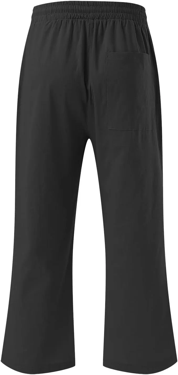 Womens Cotton Linen Capri Pants Casual Summer 2025 Straight Wide Leg Loose Fit Drawstring Elastic Cropped Trousers