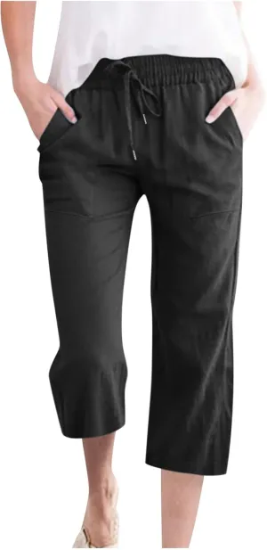 Womens Cotton Linen Capri Pants Casual Summer 2025 Straight Wide Leg Loose Fit Drawstring Elastic Cropped Trousers