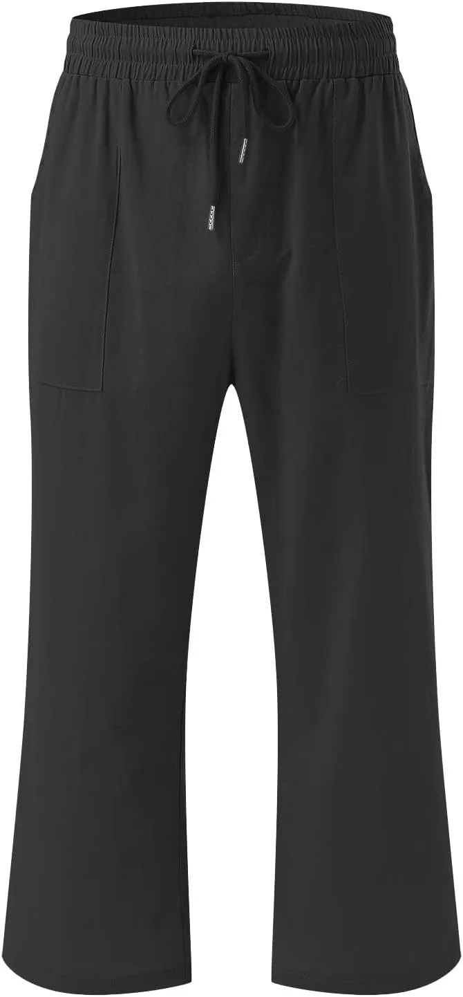 Womens Cotton Linen Capri Pants Casual Summer 2025 Straight Wide Leg Loose Fit Drawstring Elastic Cropped Trousers