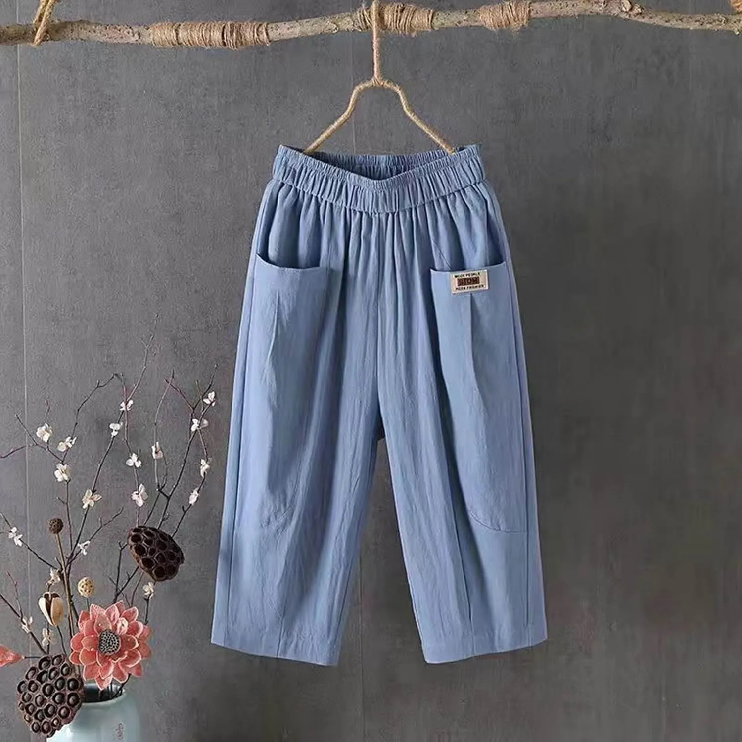 Women's Cotton Linen Carpi Pants Summer Wide Leg Casual Loose Lightweight High Waisted Pants Trousers with Pockets