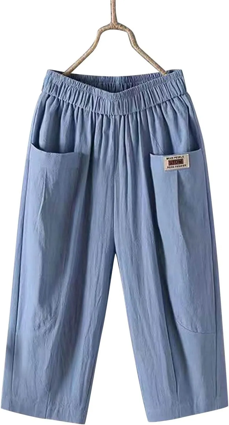 Women's Cotton Linen Carpi Pants Summer Wide Leg Casual Loose Lightweight High Waisted Pants Trousers with Pockets