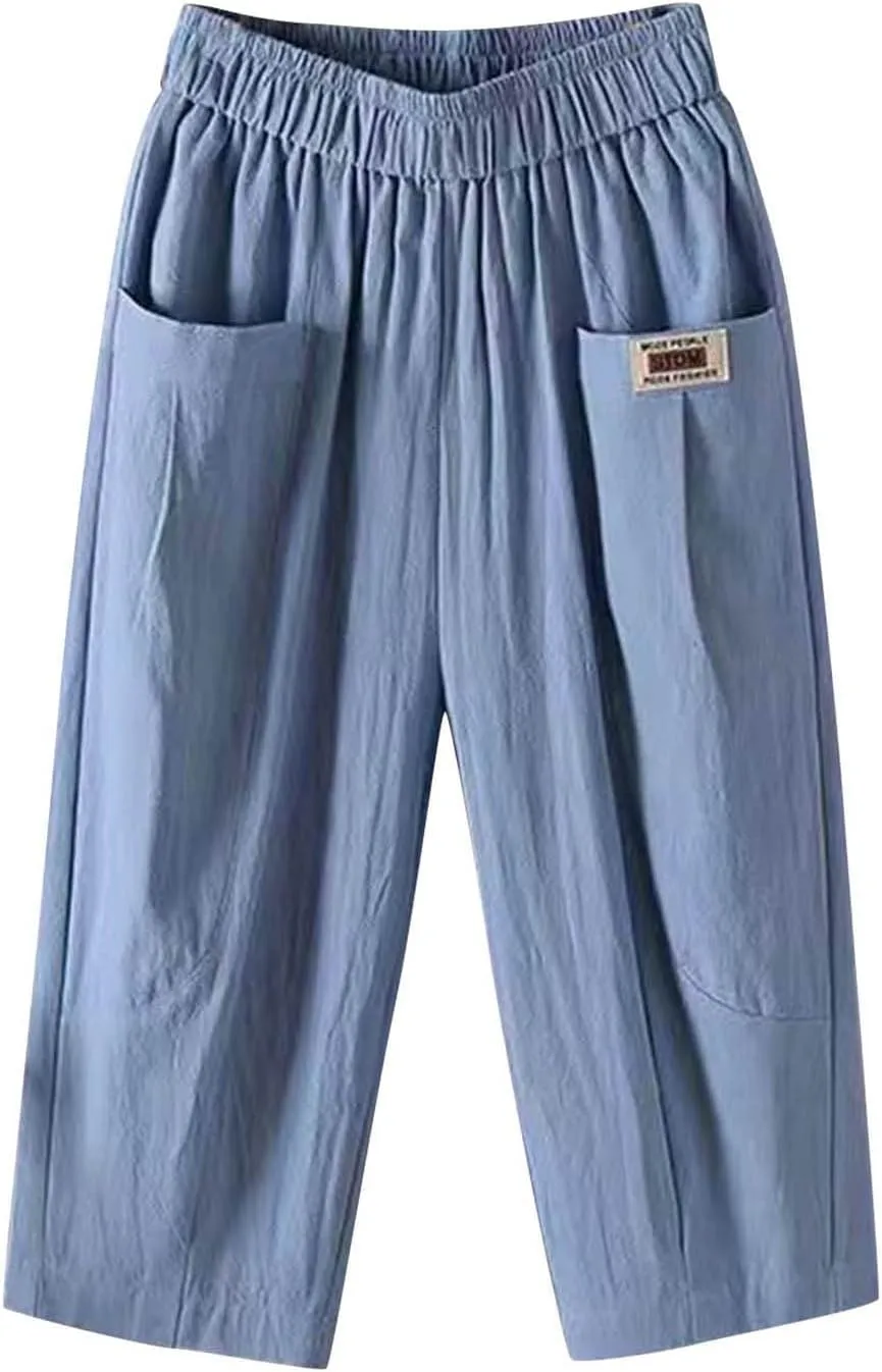 Women's Cotton Linen Carpi Pants Summer Wide Leg Casual Loose Lightweight High Waisted Pants Trousers with Pockets