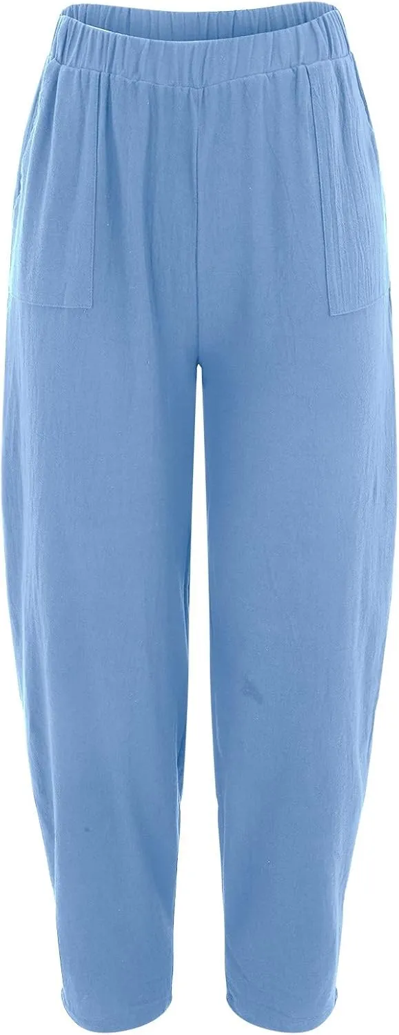 Womens Cotton Linen Harem Pants High Waisted Loose Fit Casual Trousers Elastic 2025 Summer Beach Palazzo Pants Pockets