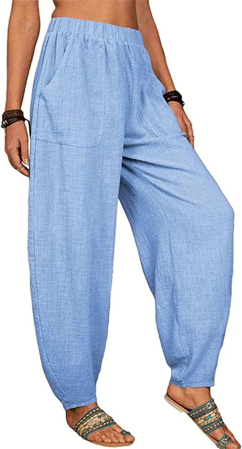 Womens Cotton Linen Harem Pants High Waisted Loose Fit Casual Trousers Elastic 2025 Summer Beach Palazzo Pants Pockets