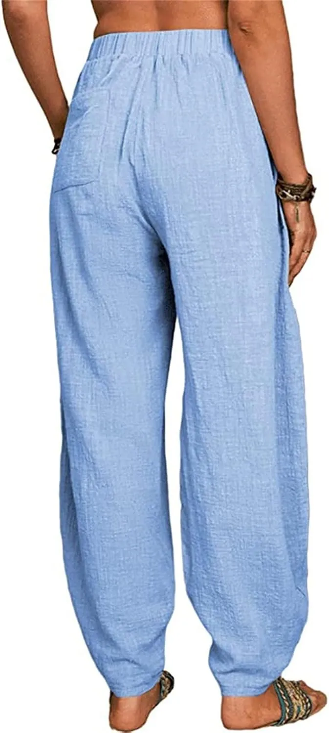 Womens Cotton Linen Harem Pants High Waisted Loose Fit Casual Trousers Elastic 2025 Summer Beach Palazzo Pants Pockets