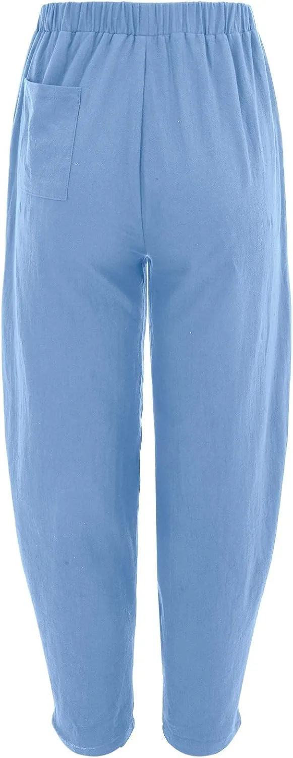 Womens Cotton Linen Harem Pants High Waisted Loose Fit Casual Trousers Elastic 2025 Summer Beach Palazzo Pants Pockets