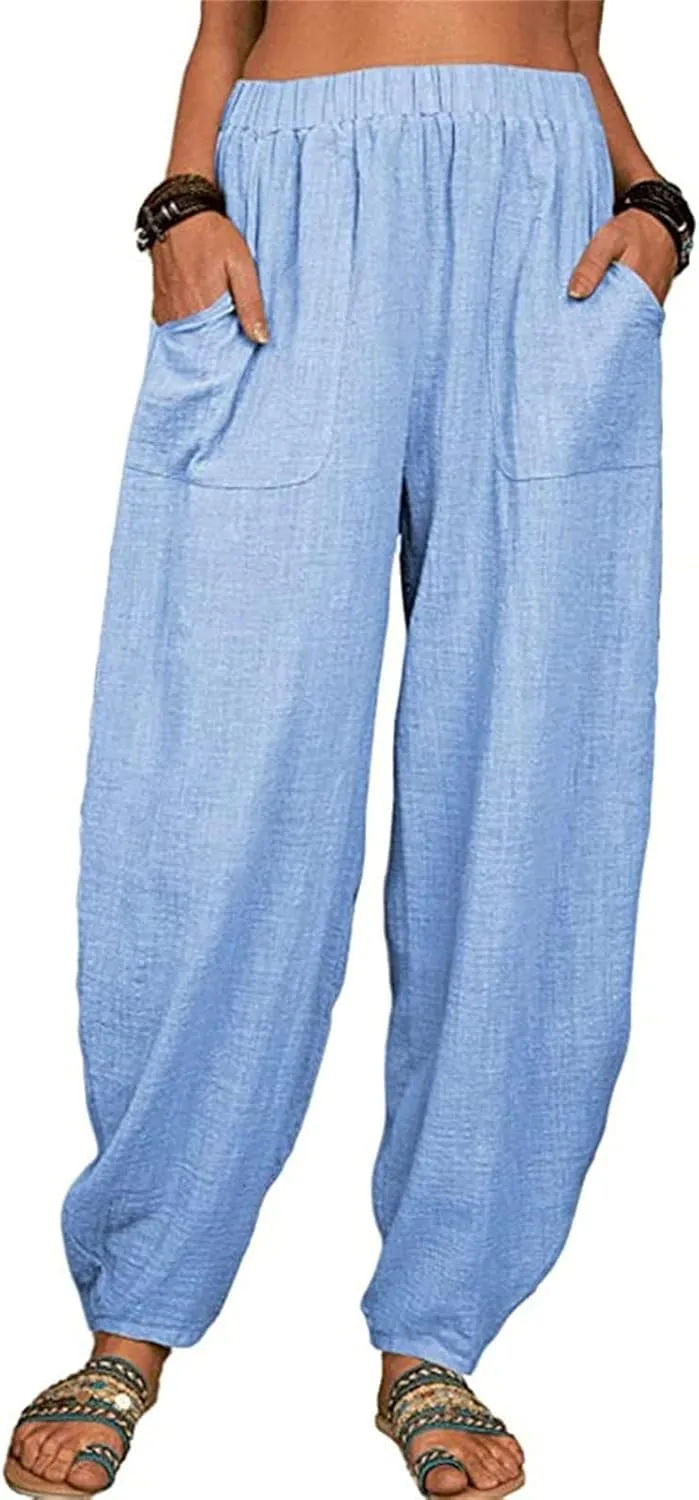 Womens Cotton Linen Harem Pants High Waisted Loose Fit Casual Trousers Elastic 2025 Summer Beach Palazzo Pants Pockets
