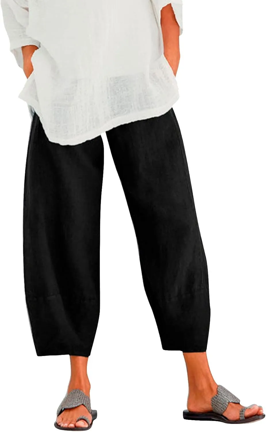 Women's Cotton Linen Harem Pants Lightweight Casual Cropped Trousers with Pockets Loose Beach Yoga Pants for Summer