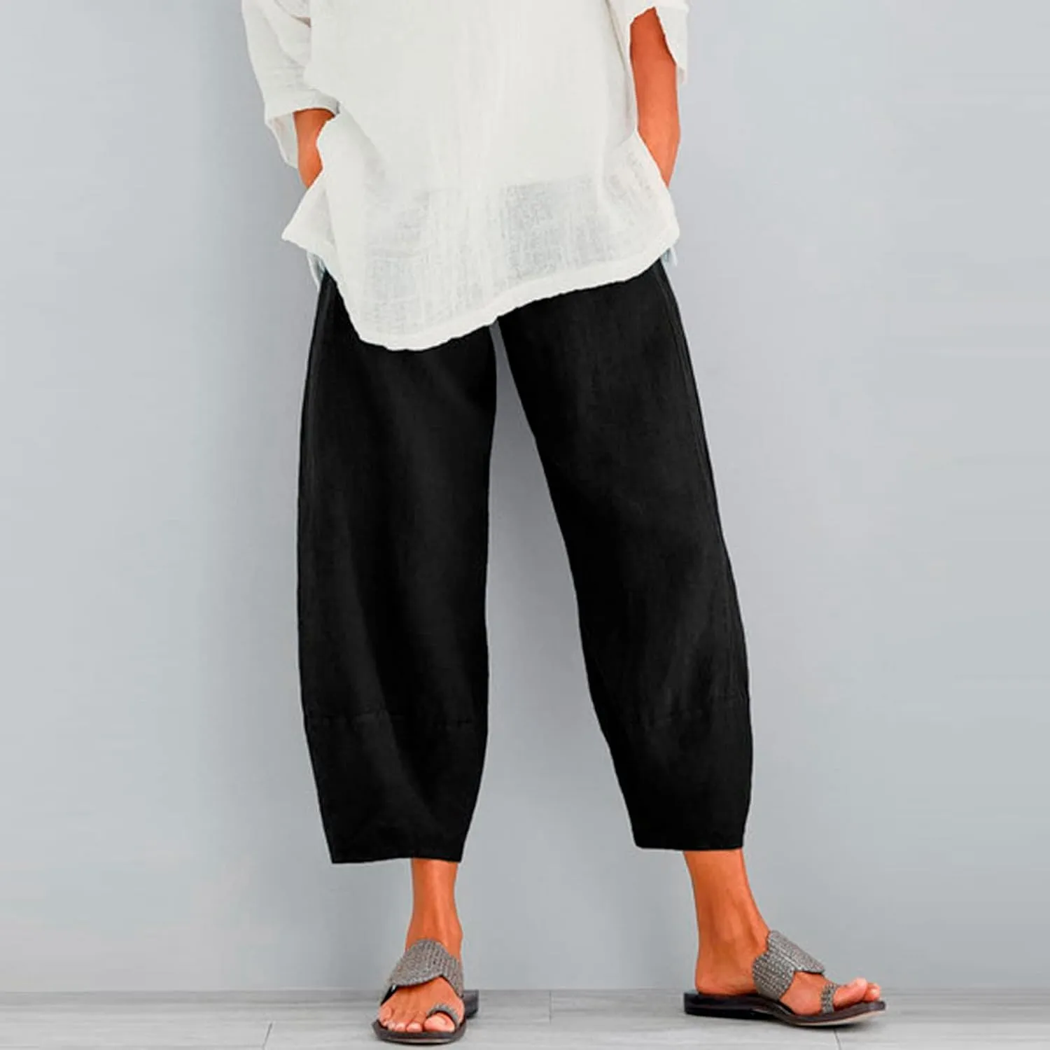 Women's Cotton Linen Harem Pants Lightweight Casual Cropped Trousers with Pockets Loose Beach Yoga Pants for Summer