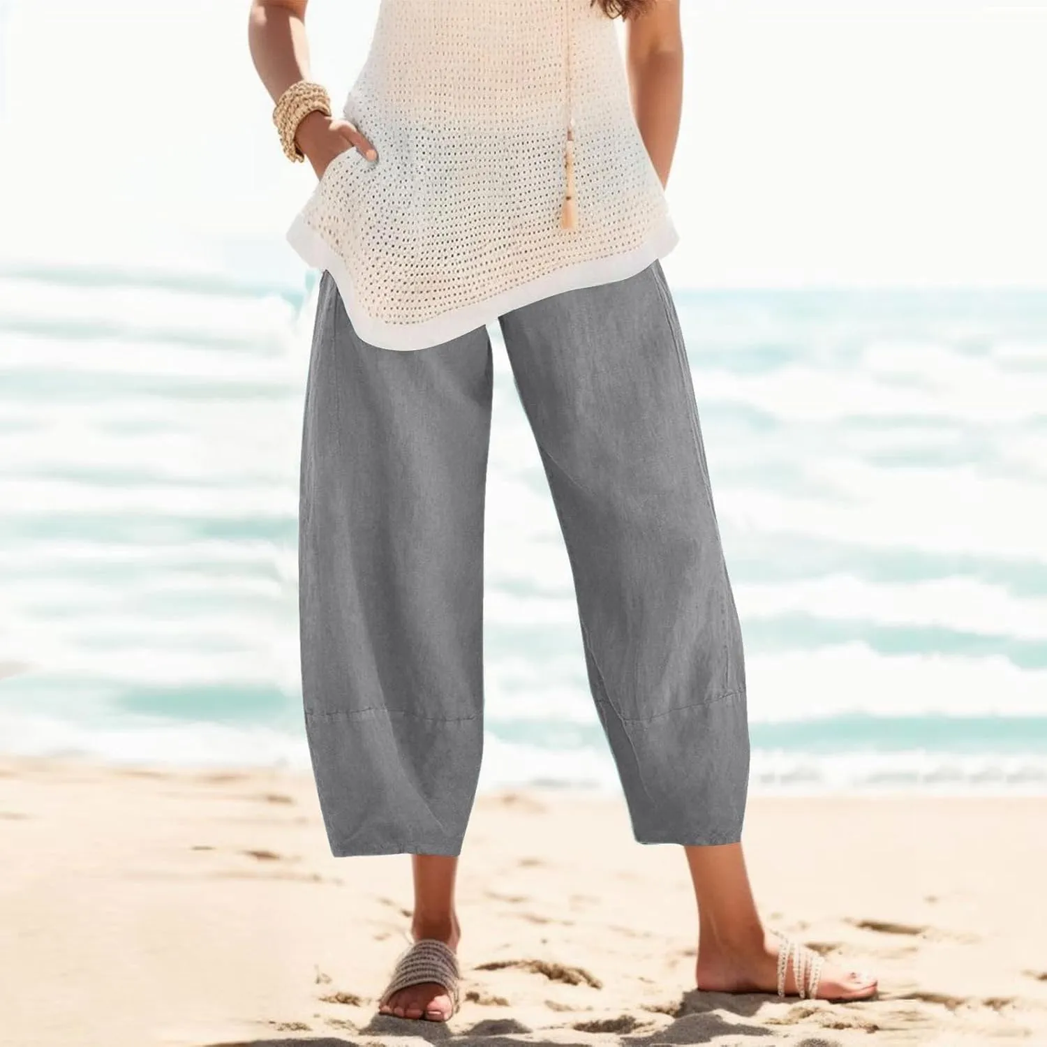 Women's Cotton Linen Harem Pants Lightweight Casual Cropped Trousers with Pockets Loose Beach Yoga Pants for Summer