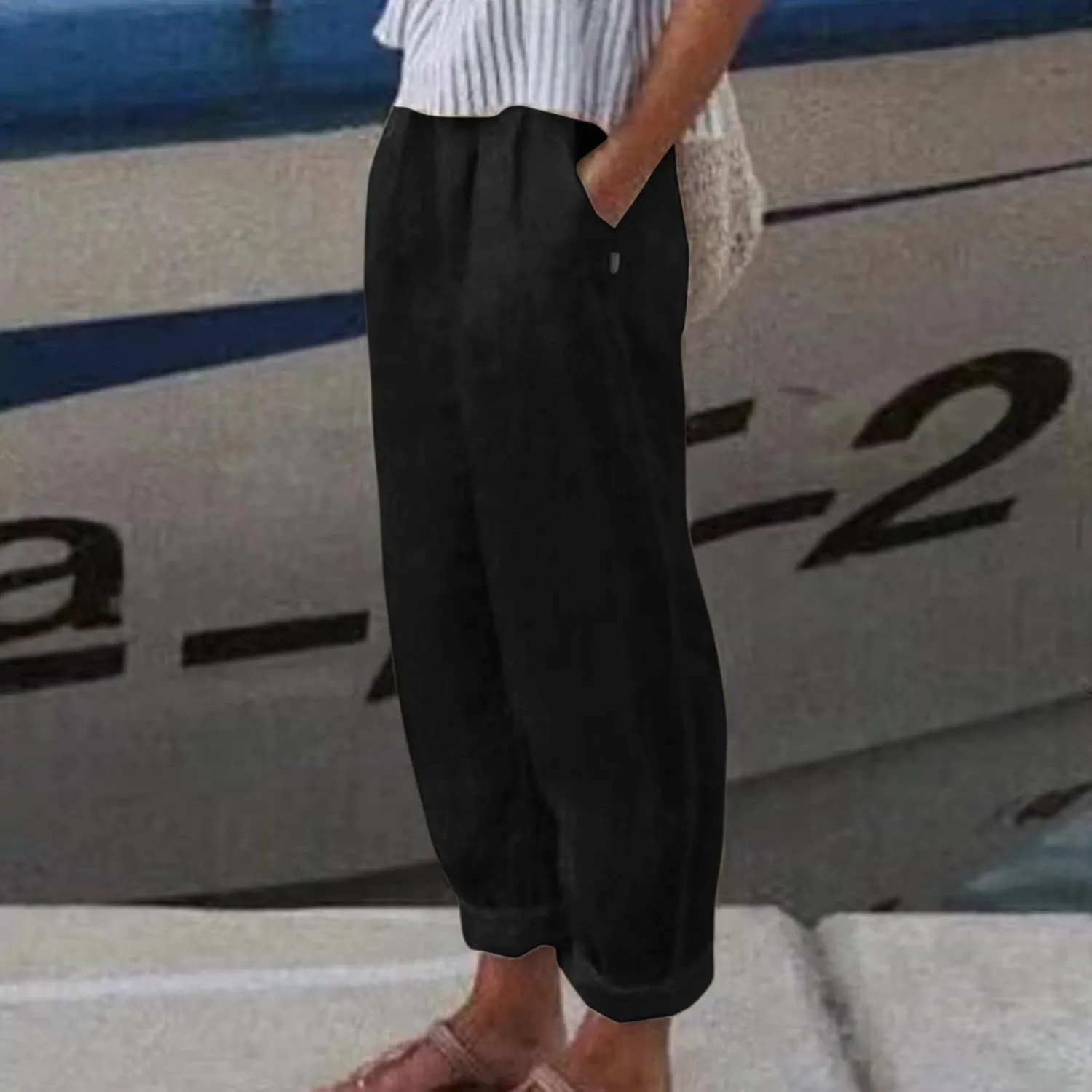 Women's Cotton Linen Pants Summer Straight Leg Loose Drawstring Trousers High Waist Casual Beach Pants with Pockets