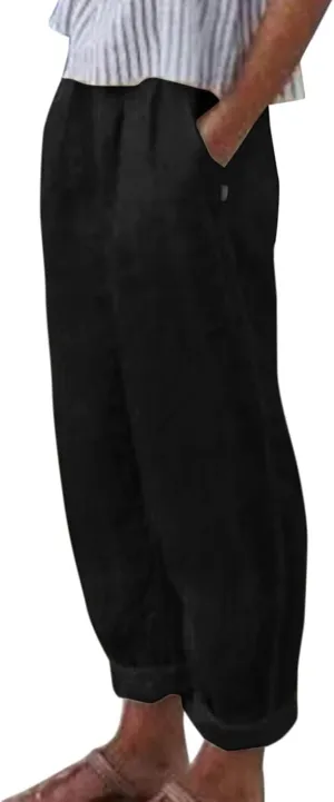 Women's Cotton Linen Pants Summer Straight Leg Loose Drawstring Trousers High Waist Casual Beach Pants with Pockets