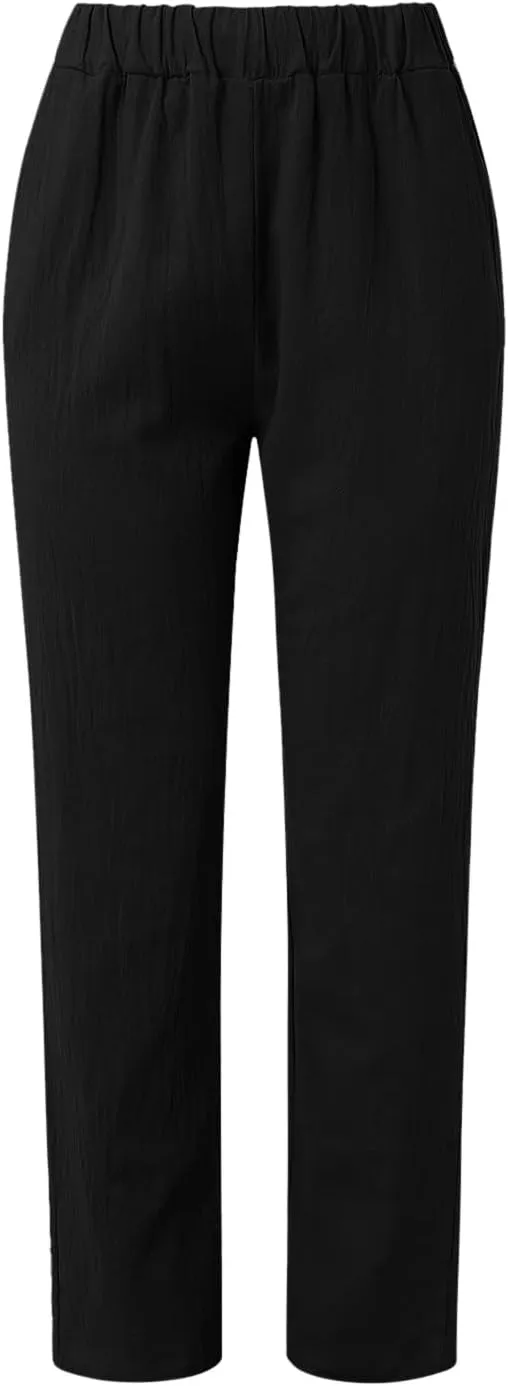 Women's Cotton Linen Pants Summer Straight Leg Loose Drawstring Trousers High Waist Casual Beach Pants with Pockets