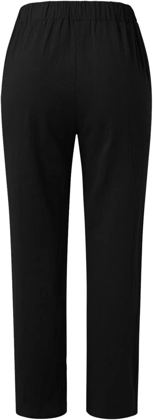 Women's Cotton Linen Pants Summer Straight Leg Loose Drawstring Trousers High Waist Casual Beach Pants with Pockets