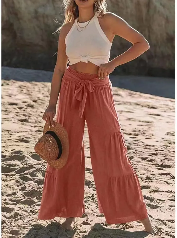 Womens Cotton Linen Wide Leg Flare Pants Fashion Belted High Waisted Layered Smocked Ruffled Solid Lounge Trousers
