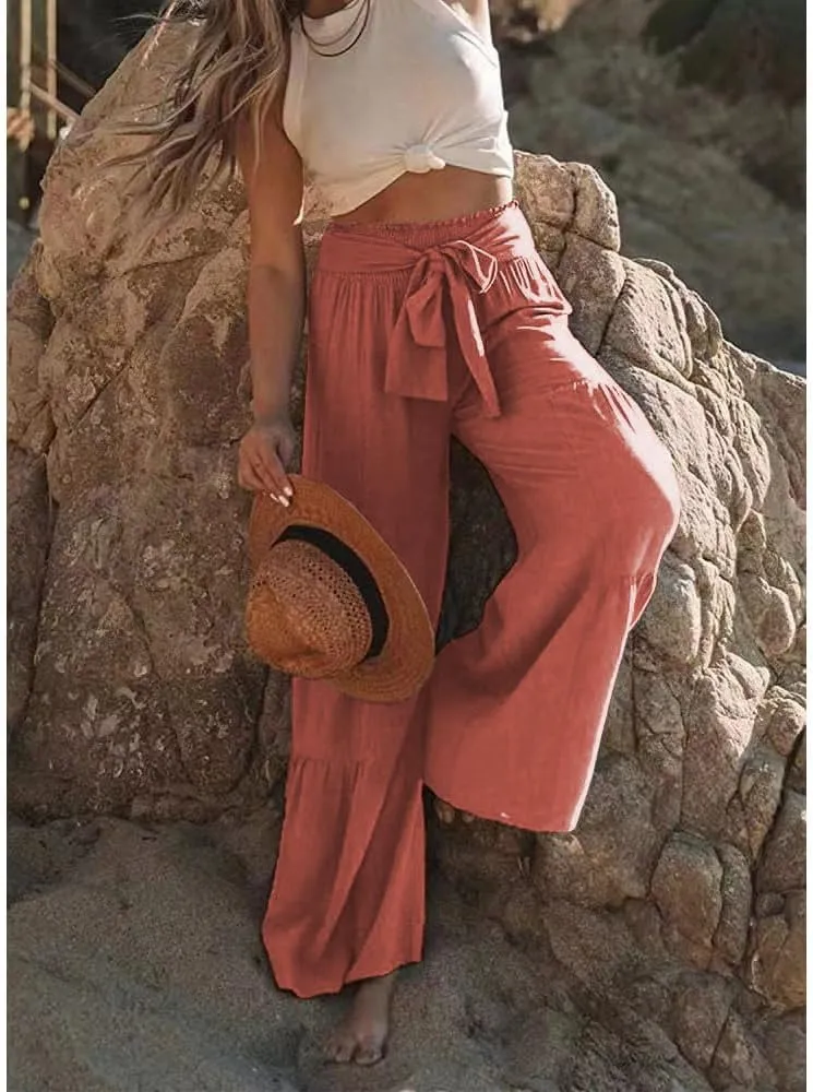 Womens Cotton Linen Wide Leg Flare Pants Fashion Belted High Waisted Layered Smocked Ruffled Solid Lounge Trousers