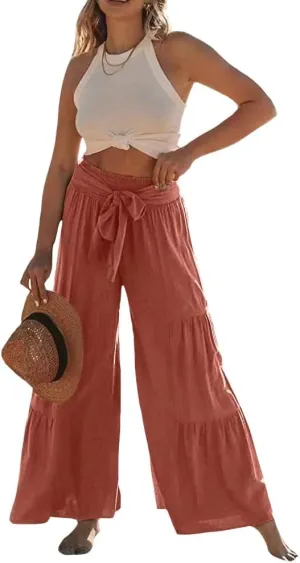 Womens Cotton Linen Wide Leg Flare Pants Fashion Belted High Waisted Layered Smocked Ruffled Solid Lounge Trousers