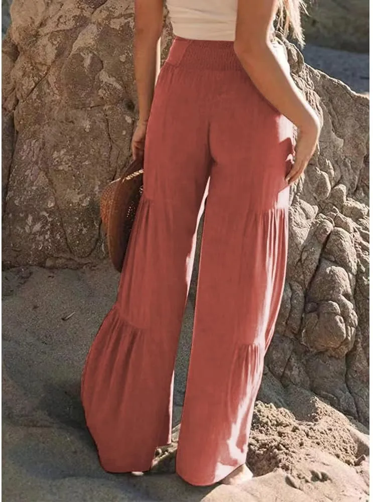 Womens Cotton Linen Wide Leg Flare Pants Fashion Belted High Waisted Layered Smocked Ruffled Solid Lounge Trousers