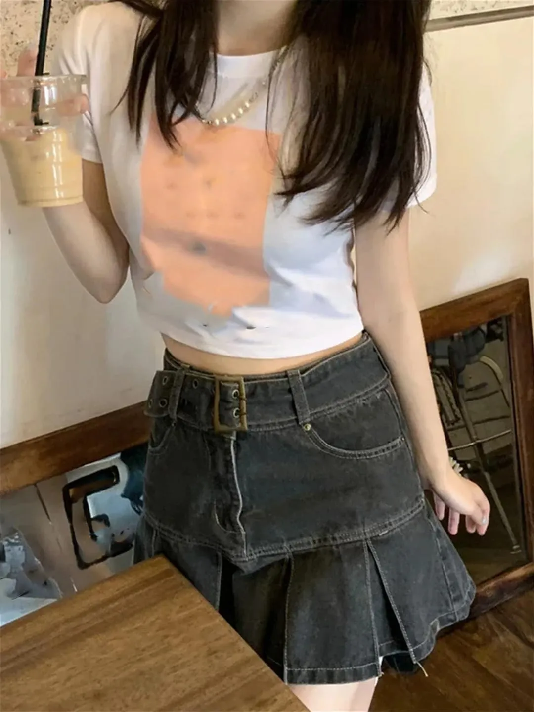 Women's Denim Skirt High Waist Mini Skirt Pleated Korean Retro Skirt