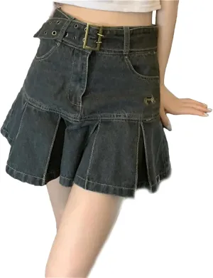 Women's Denim Skirt High Waist Mini Skirt Pleated Korean Retro Skirt