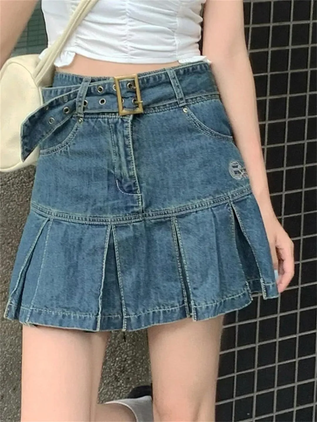 Women's Denim Skirt High Waist Mini Skirt Pleated Korean Retro Skirt