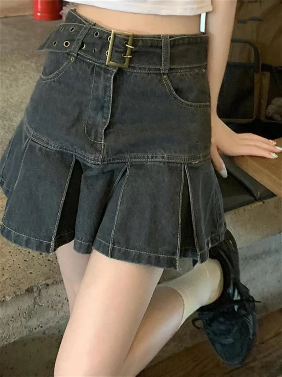 Women's Denim Skirt High Waist Mini Skirt Pleated Korean Retro Skirt